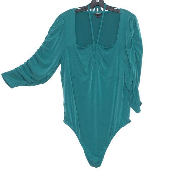 Torrid Bodysuit Ruched Halter Tie 3/4 Puff Sleeve Boho Cottage Retro Green 1 1X - Picture 1 of 7